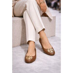 Tory Burch Reva Brown Leather Ballet Flats Gold Logo Women’s Size 6.5